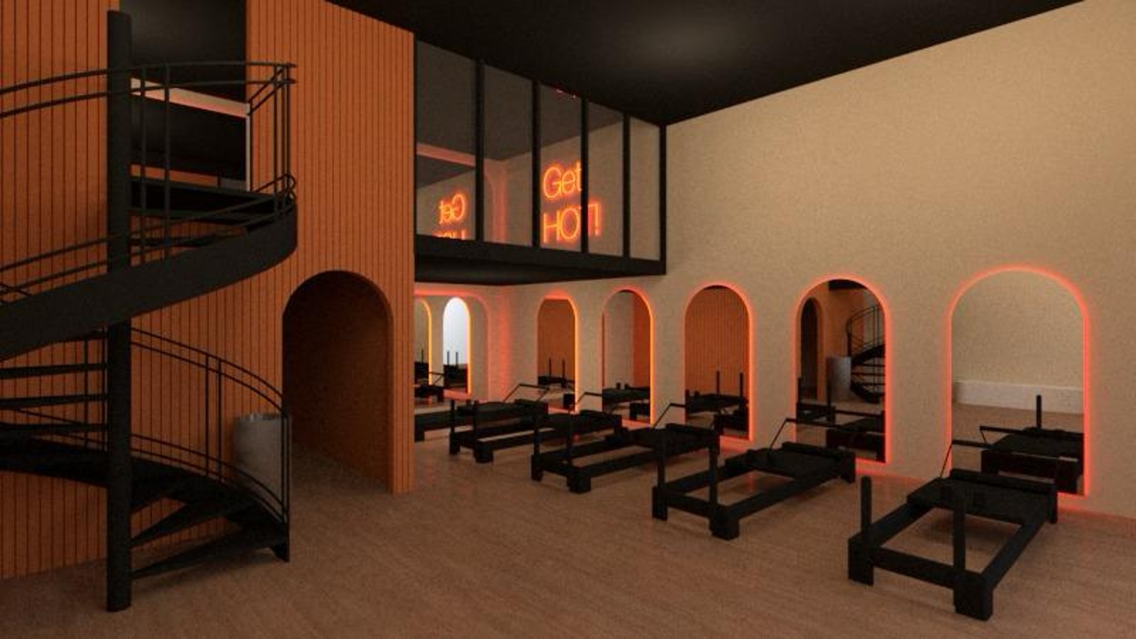 Studio GET HOT Marrakech avec machines Reformer et arches néon